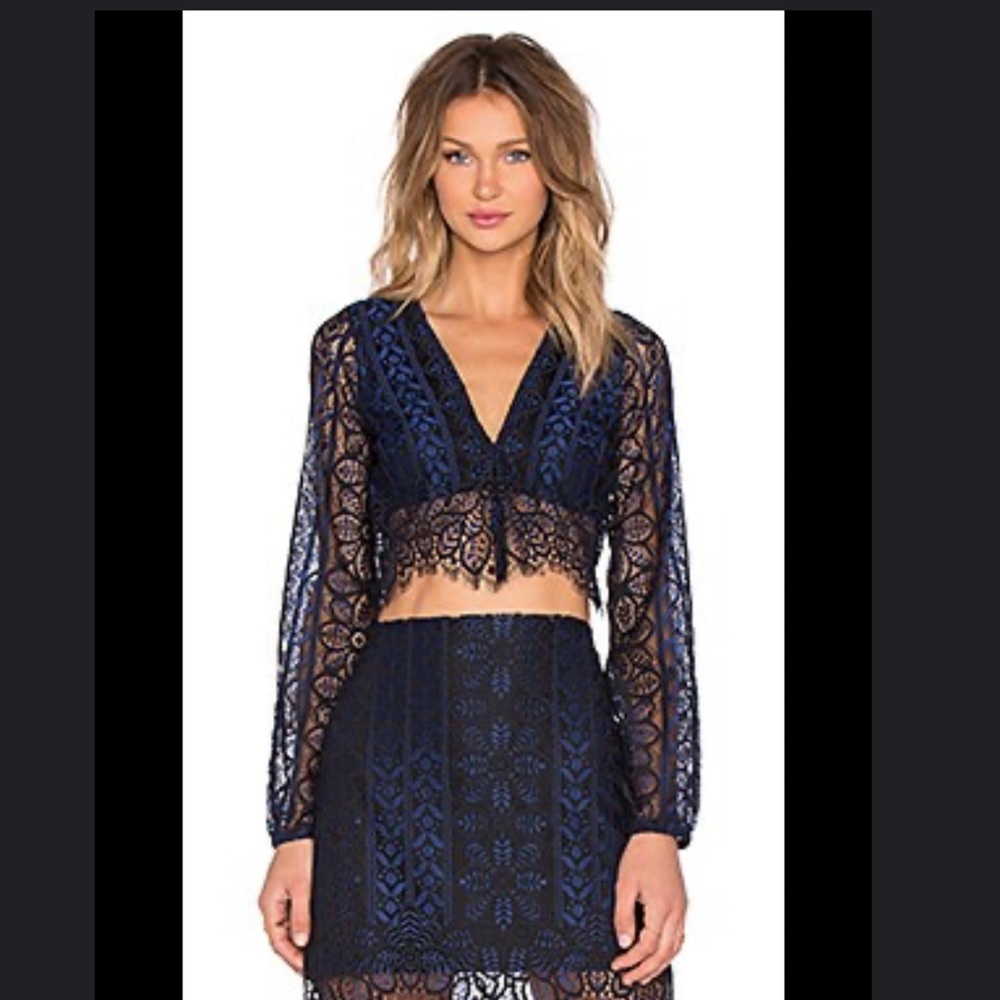For Love & Lemons navy and black Lyla set top and skirt size xs